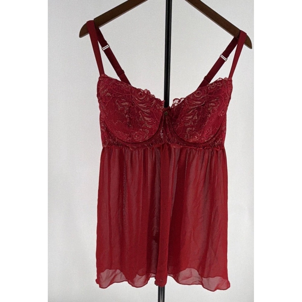 Cacique Red Lace Sheer Slip Balconette Bra 40DD, Lightly Lined